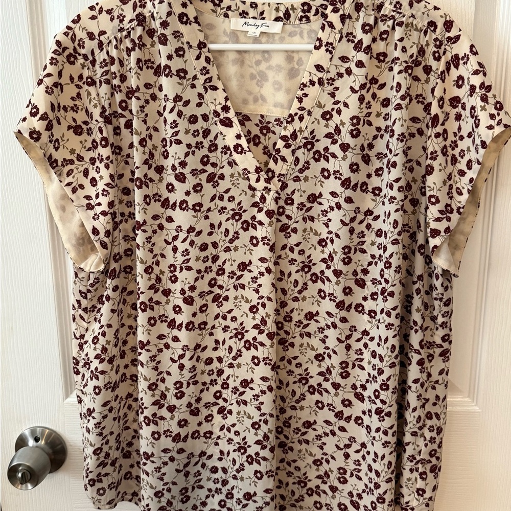 Floral V-Neck Blouse in Cream and Burgundy